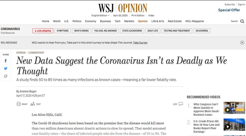Coronavirus Facts Wsj New Data Suggests Coronavirus Isnt As Deadly
